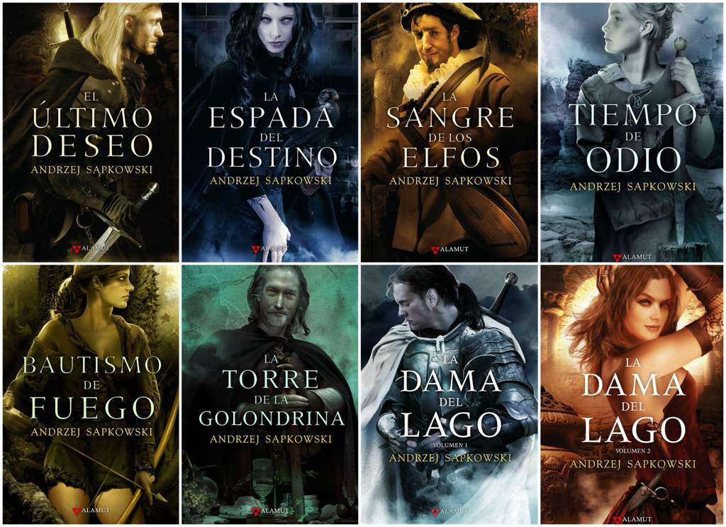 Portadas de las novelas de la saga de Geralt de Rivia, publicadas en castellano por Alamut.
