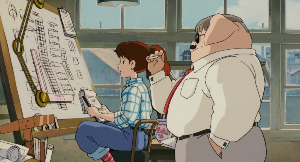 De izquierda a derecha, Fio Piccolo y Porco Rosso, personajes de la película de animación «Porco Rosso» («Kurenai no buta»), del director japonés Hayao Miyazaki.